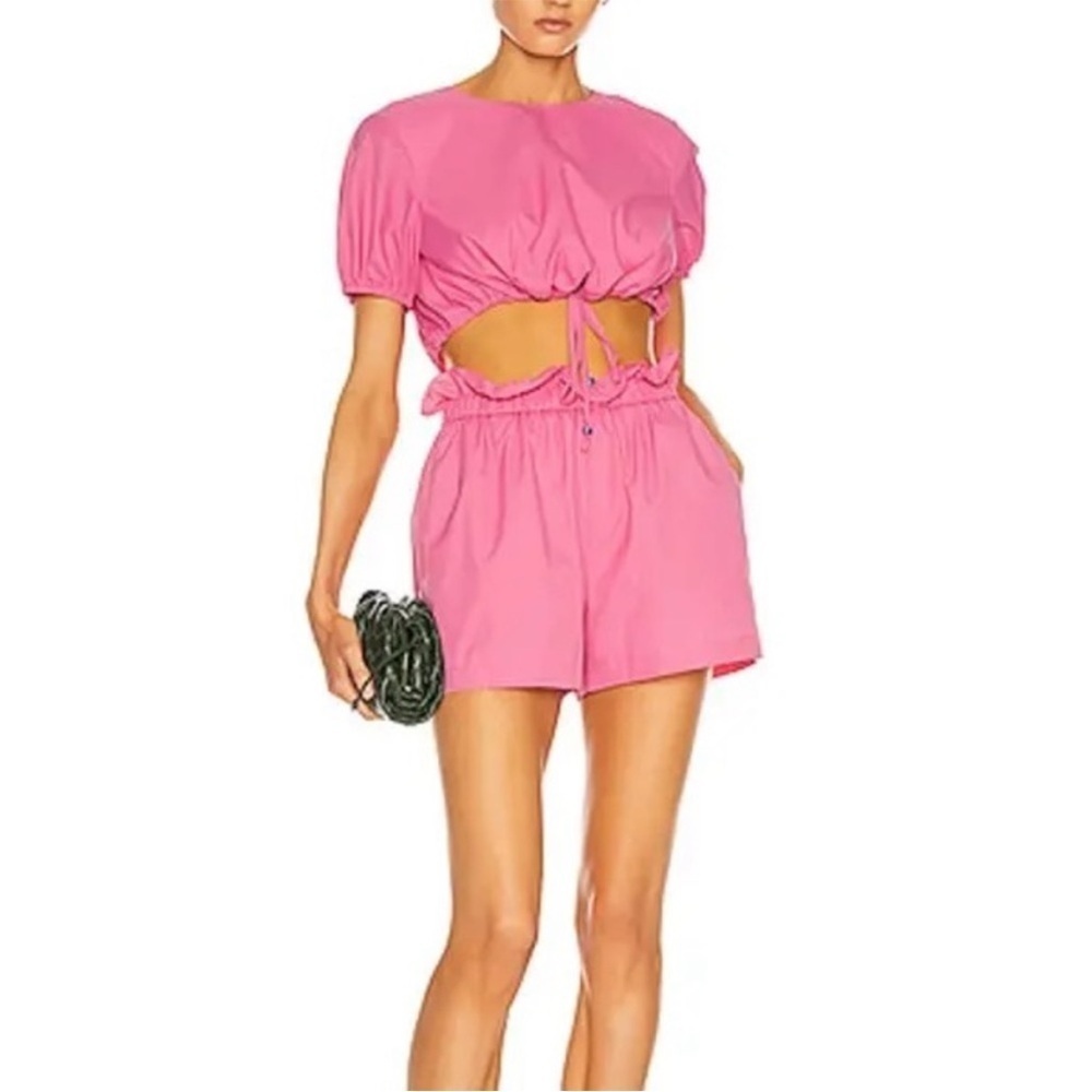 Staud Pink Caterina High-Waisted Paper-bag Shorts in Wild Orchard